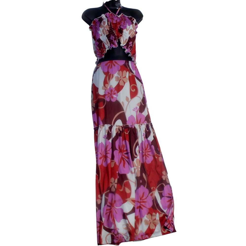 India Boutique Women TropicalFloral 2 Piece Maxi Set Smocked Halter Top Skirt OS